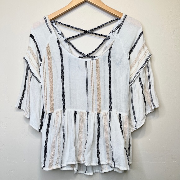 Ada Kamara | Criss Cross Embroidered Striped Textured Knit Peplum Boho Blouse - Picture 4 of 13